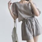 Set: Puff-sleeve Blouse + High Waist Shorts