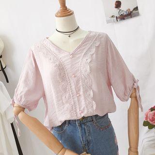 V-neck Lace Trim Elbow-sleeve Blouse