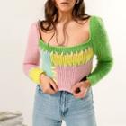 Long Sleeve Square-neck Color-block Crop Sweater