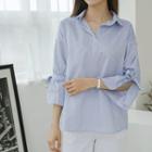 Open-placket Tie-cuff Stripe Blouse