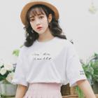 Letter Embroidered Short-sleeve T-shirt / Striped Trim Pleated Skirt