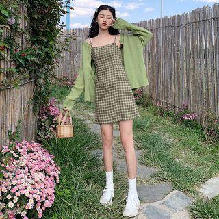 Spaghetti Strap Plaid Mini Dress / Cardigan