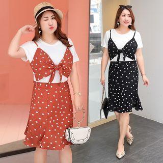 Short-sleeve Mock Two-piece Dotted A-line Dress