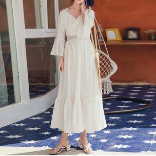 3/4-sleeve Perforated Midi A-line Dress
