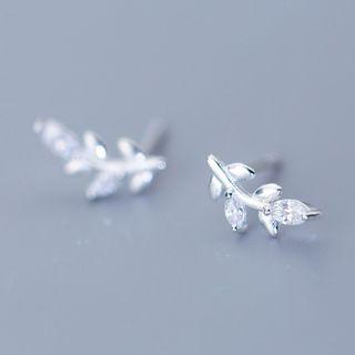 925 Sterling Silver Rhinestone Leaf Earring 1 Pair - S925 Silver Stud - Silver - One Size