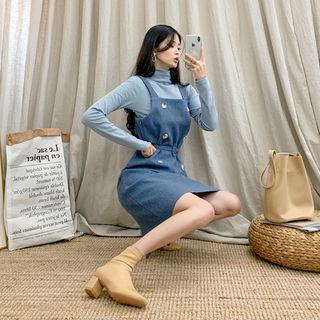 Set: Mockneck Top + Belted Overall Dress Sky Blue - One Size