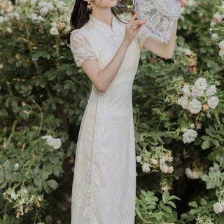 Short-sleeve Beaded Trim Lace Sheath Maxi Dress