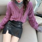 Mock-neck Floral Lace Top / Faux Leather Skirt / V-neck Plain Cardigan