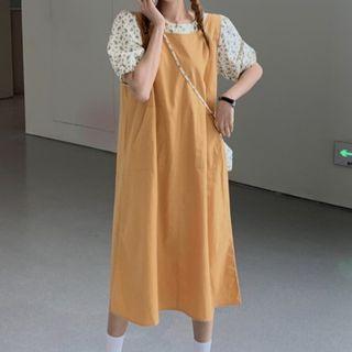 Set: Sleeveless Plain Midi Dress + Floral Print Crossbody Bag