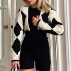 Two Tone Cropped Cardigan Black - One Size
