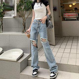 Short-sleeve Two-tone T-shirt / Mid Rise Distressed Wide Leg Jeans