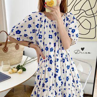 Floral Short-sleeve Tiered Midi A-line Dress