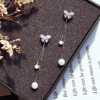 Silver Rhinestone Bow Faux Pearl Dangle Earring Butterfly - Multicolor - One Size
