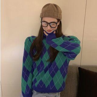 Turtle-neck Argyle Sweater Green - One Size