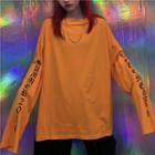 Lettering Long-sleeve Round Neck T-shirt Tangerine Red - One Size