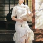 Short-sleeve Mandarin Collar Ruffle Hem Midi A-line Dress
