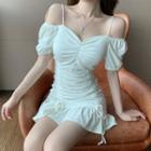 Puff-sleeve Cold Shoulder Drawstring Mini A-line Dress