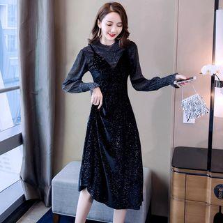 Set: Long-sleeve Top + Spaghetti Strap Velvet A-line Midi Dress