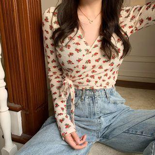 Long-sleeve Floral Print Wrap T-shirt Floral - Off White - One Size