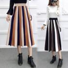Color Block Midi A-line Knit Skirt Tangerine & Blue - One Size
