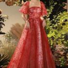Puff-sleeve Lace Sheath Evening Gown