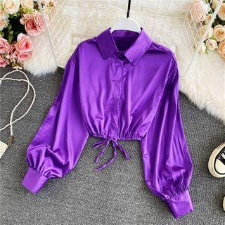 Plain Drawstring Satin Long-sleeve Shirt