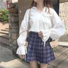 Eyelet Lace V-neck Lantern-sleeve Blouse