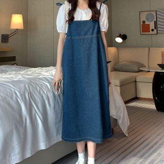 Tie-strap Denim Midi A-line Pinafore Dress Denim Blue - One Size
