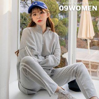 Plus Size Set: Zip-front Dip-back Piped Pullover + Straight-cut Pants