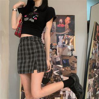 Short-sleeve Printed T-shirt / Plaid Mini Fitted Skorts