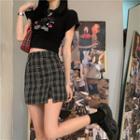 Short-sleeve Printed T-shirt / Plaid Mini Fitted Skorts