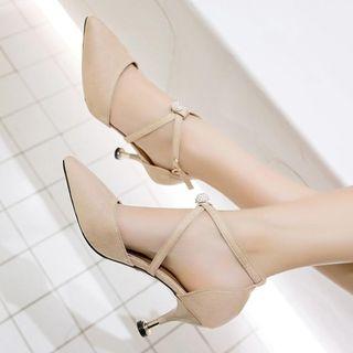 Faux Suede Pointed-toe Rhinestone Kitten Heel Pumps