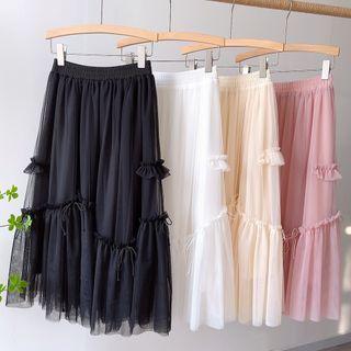 Tiered Frill Trim Midi A-line Mesh Skirt