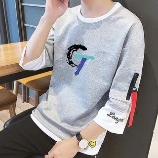 Mock Two-piece 3/4-sleeve Printed T-shirt