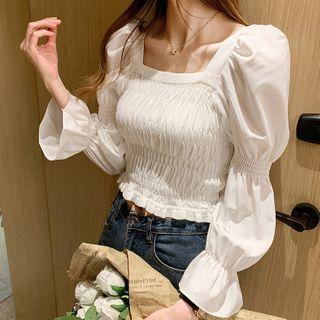 Long-sleeve Shirred Puffy Crop Top