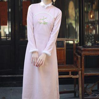 Flared-sleeve Jacket / Long-sleeve Flower Embroidered Midi Shift Dress