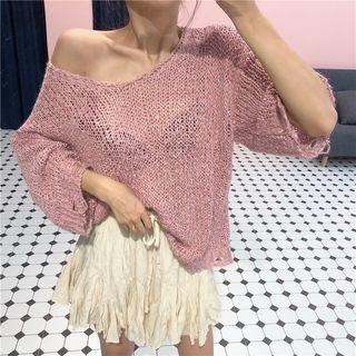 3/4-sleeve Ripped Knit Top