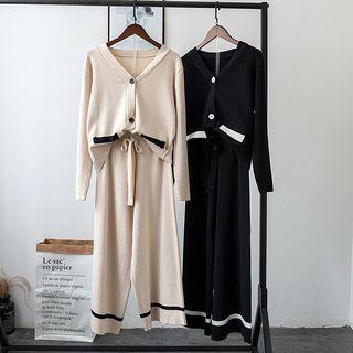 Set: Plain Cardigan + Wide Leg Pants