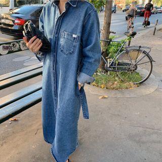 Long-sleeve Denim Midi Shirtdress Denim Blue - One Size