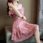 Short-sleeve Off Shoulder Printed A-line Mini Dress