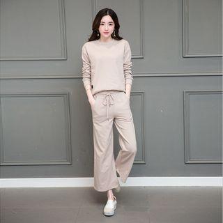 Set: Plain Pullover + Wide Leg Pants