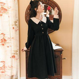 Long-sleeve Contrast Trim Button-up Midi A-line Dress
