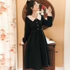 Long-sleeve Contrast Trim Button-up Midi A-line Dress