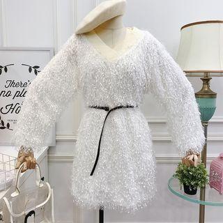 V-neck Furry Dress With Belt