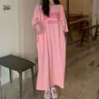 Long-sleeve Letter Print T-shirt Dress Pink - One Size
