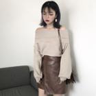 Off-shoulder Sweater / Faux Leather Mini A-line Skirt