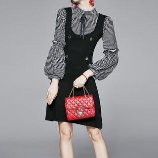 Long-sleeve Houndstooth Panel Mini A-line Dress As Shown In Figure - One Size