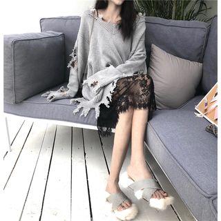 Ripped V-neck Oversized Sweater / Midi Lace Dress