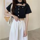 Short-sleeve Collared Crop Top / Midi A-line Skirt