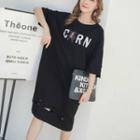 Ripped Lettering Elbow Sleeve T-shirt Dress